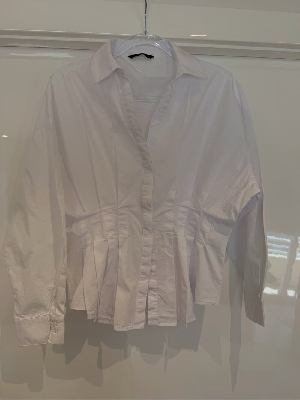 Zara White Pleated Waist Button-Down Shirt